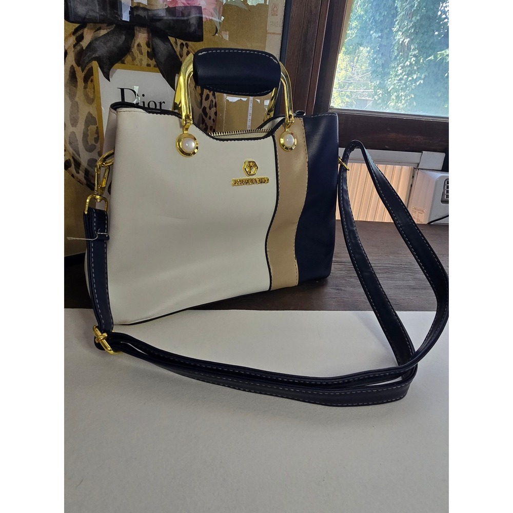 Jane Novo Colorblock Faux Leather Handbag Navy White Tan Crossbody Shoulder Bag